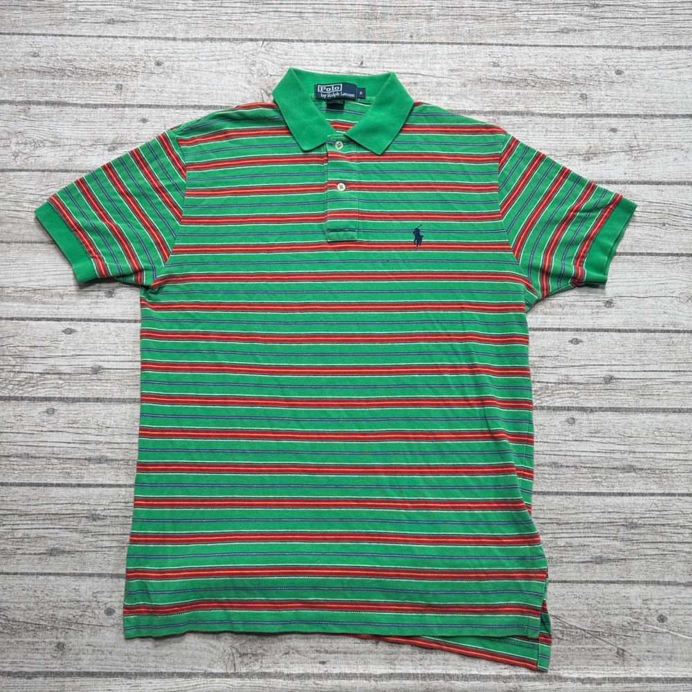 Polo Ralph Lauren Shirt Men's S Green Striped Short Sleeve Piqué Cotton Preppy